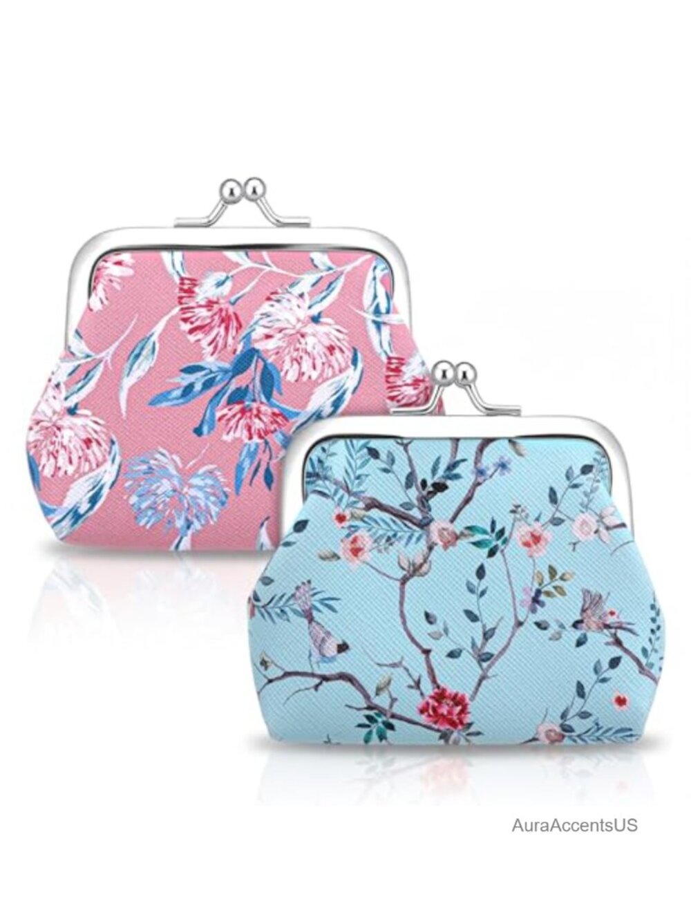 2-Piece Kiss Lock Coin Purse Set, Floral Print, PU Leather Small Wallets for